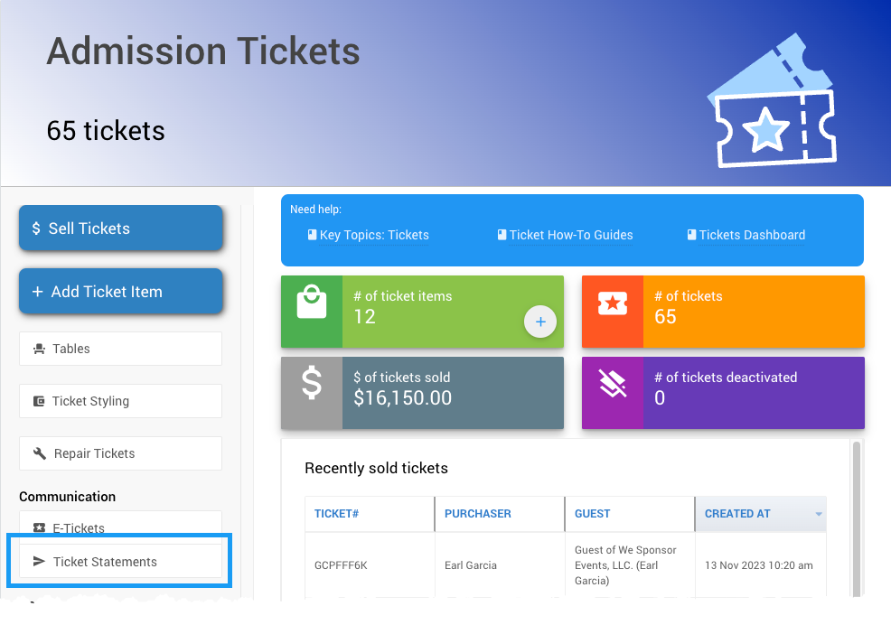 Ticket Statements entry under the Communications sidebar