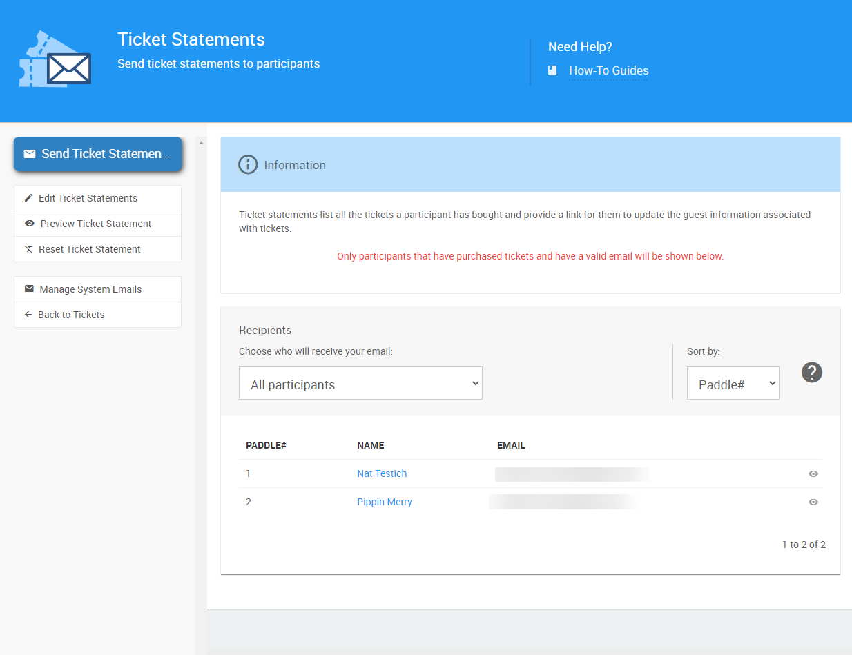 Ticket Statements dashboard showing the default Recipients list