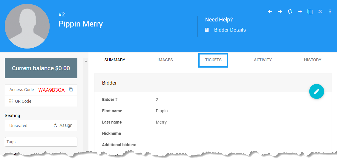 Tickets tab in Participant Details