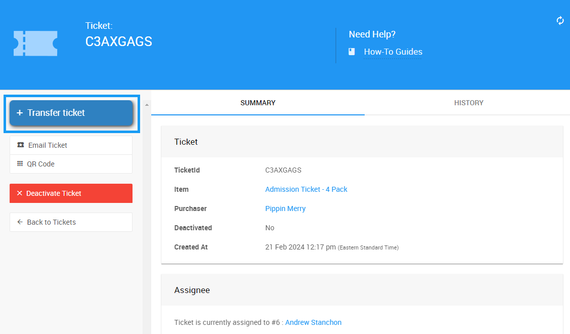 Transfer Ticket button on the Ticket Details dashboard