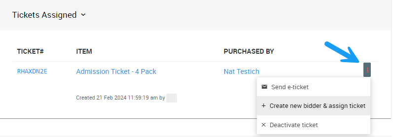 Tickets Assigned panel with transfer and guest-creation options