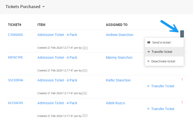 Options menu with Transfer Ticket option