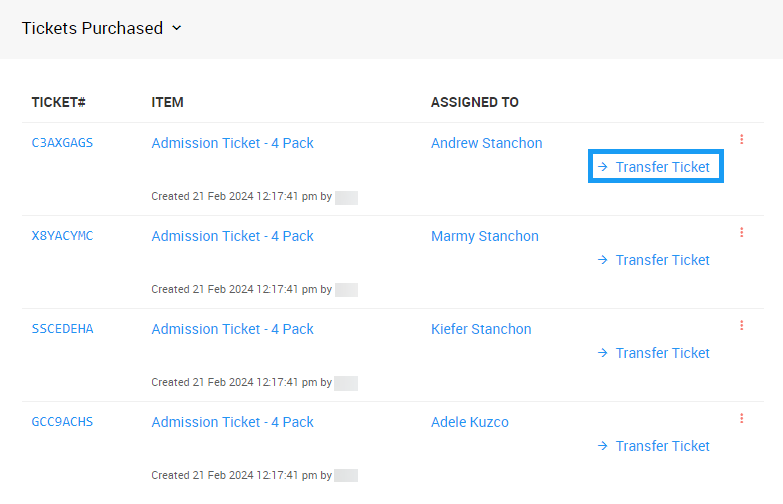 Transfer Ticket option beneath a purchased ticket