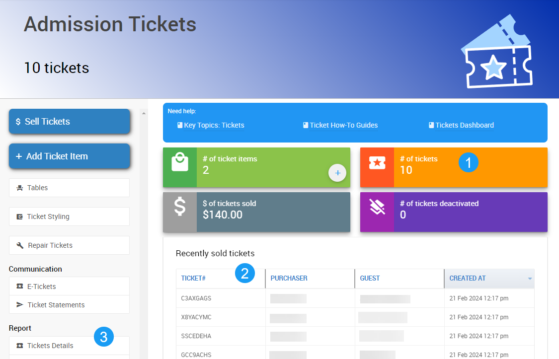 The # of tickets block, Recently sold tickets panel, and Ticket Details link on the Tickets dashboard