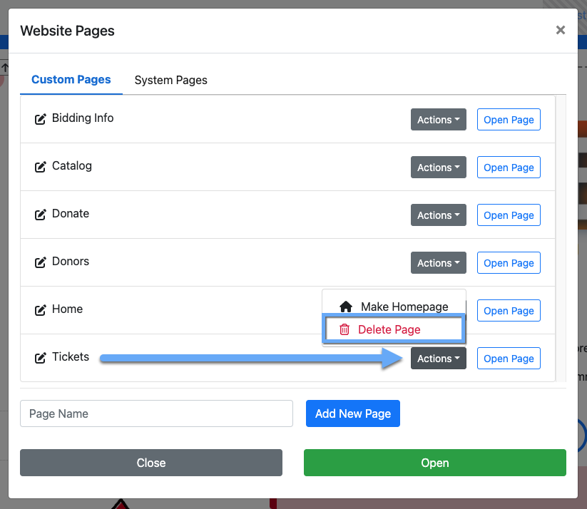 Delete option for the Tickets page in the Website Pages window